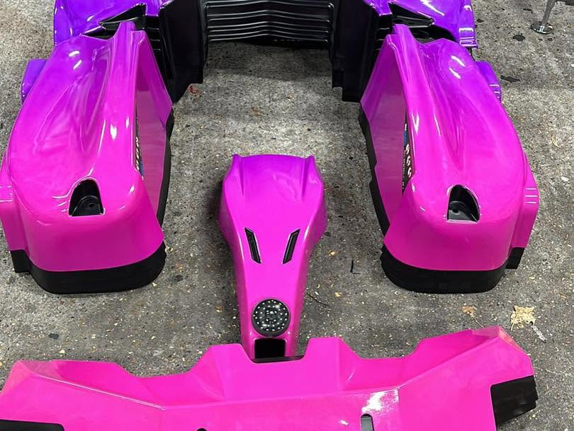 Pink go-kart panels finished with professional vinyl